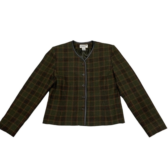 Vintage Pendleton Wool Plaid Leather Trim Jacket Blazer Size 8 Olive/Brown - Picture 11 of 12